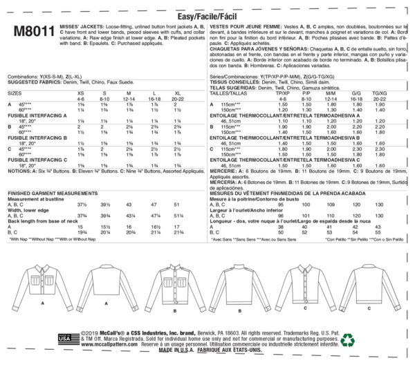 McCall's Schnittmuster M8011 - Jacke - kurze Jacke - Jeansjacke – Bild 7