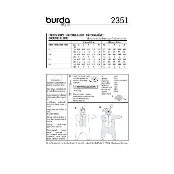 Burda Style Schnittmuster Nr. 2351 - Fasching - Einhorn und Hase – Bild 6