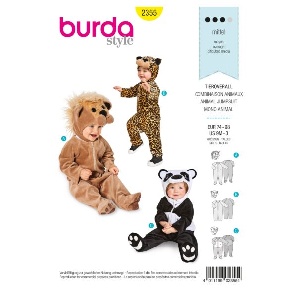 Burda Kids Schnittmuster Nr. 2355 - Fasching - Tieroverall - Löwe, Leopard und Panda
