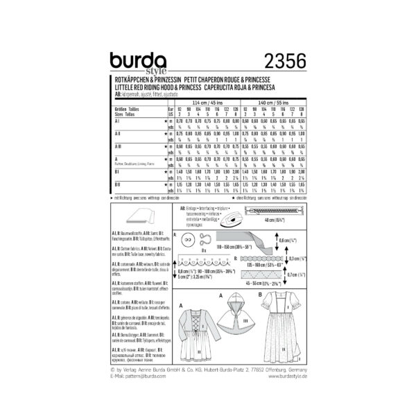 Burda Kids Schnittmuster Nr. 2356 - Fasching - Rotkäppchen und Prinzessin – Bild 6