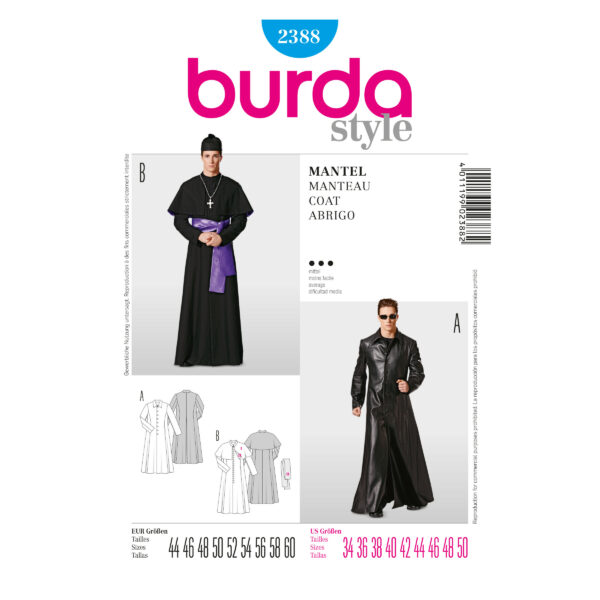 Burda Style Schnittmuster Nr. 2388 - Fasching - Priestergewand und Matrix-Mantel