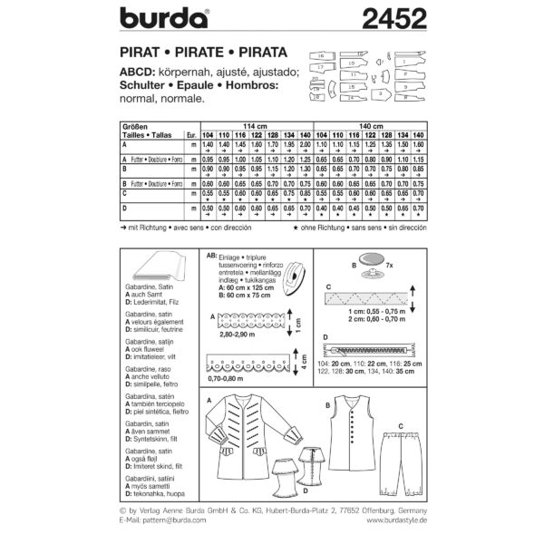Burda Kids Schnittmuster Nr. 2452 - Fasching - Pirat - Jacke, Hose, Weste – Bild 4
