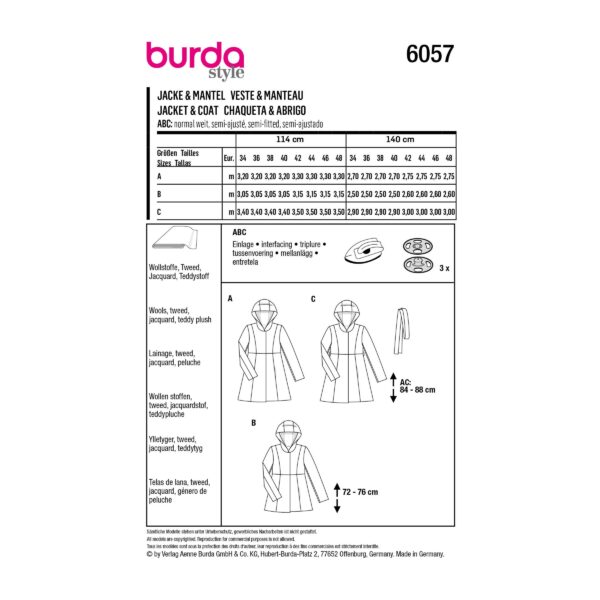 Burda Style Schnittmuster Nr. 6057 - Mantel - Jacke mit Teilungsnähten und Kapuze – Bild 11