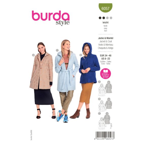 Burda Style Schnittmuster Nr. 6057 - Mantel - Jacke mit Teilungsnähten und Kapuze