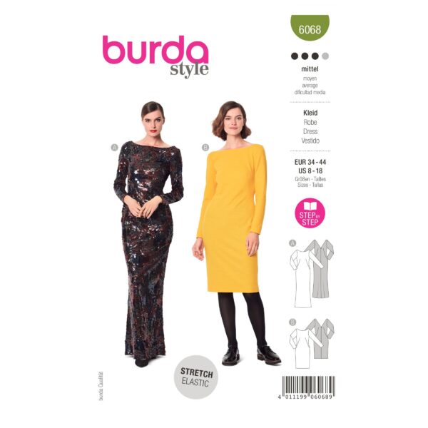 Burda Style Schnittmuster Nr. 6068 - Kleid, Abendkleid – schmale Silhouette – mit Rückendecolleté