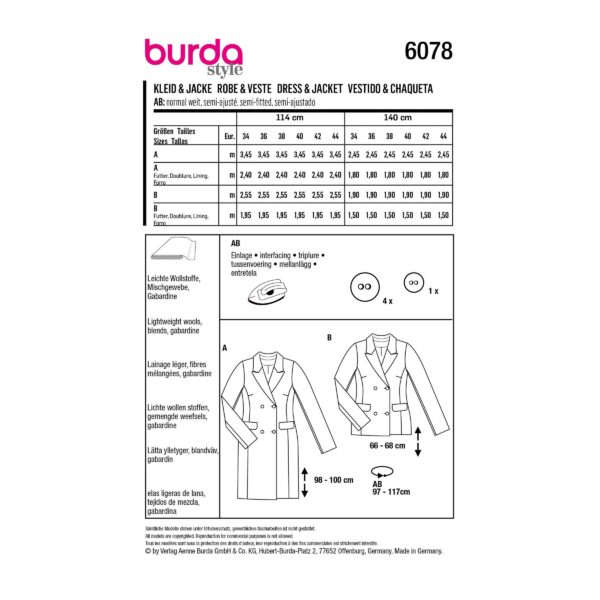 Burda Style Schnittmuster Nr. 6078 - Blazer-Kleid und Jacke – doppelreihig mit Revers – Bild 8