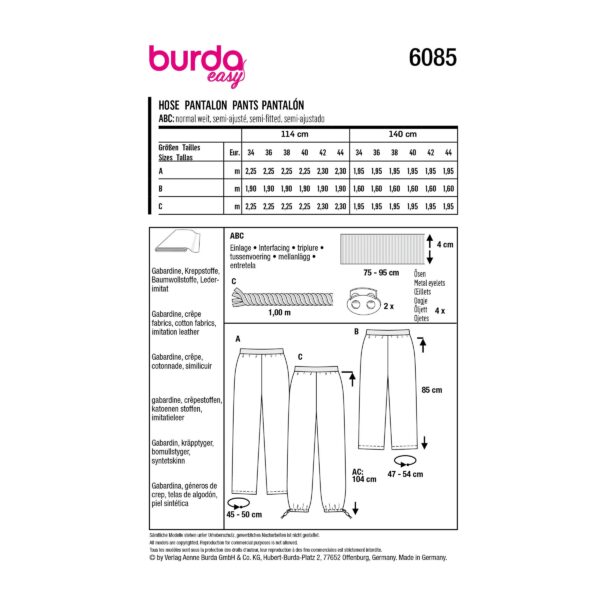 Burda Style Schnittmuster Nr. 6085 -  Hose mit Elastikbund und gerader Beinweite – Bild 11