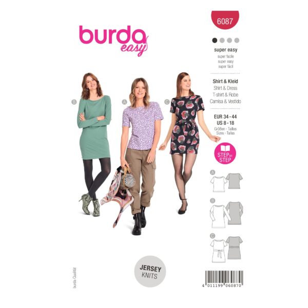 Burda Style Schnittmuster Nr. 6087 - Shirt, Kleid – körpernah - U-Boot-Ausschnitt