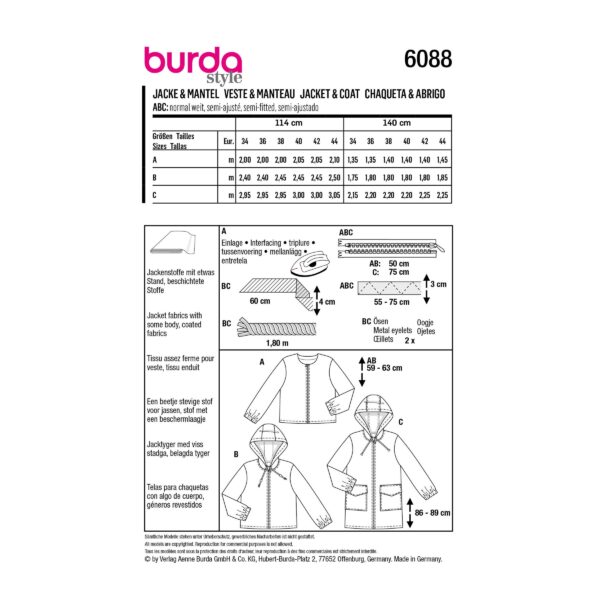 Burda Style Schnittmuster Nr. 6088 - Jacken und Mantel – sportiv mit Reißverschluss – Bild 10