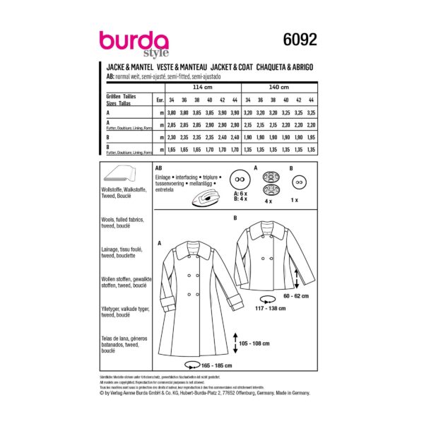 Burda Style Schnittmuster Nr. 6092 - Mantel, Jacke – doppelreihig mit großem Kragen – Bild 10