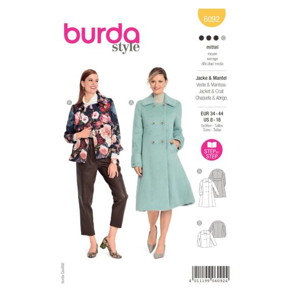 Burda Style Schnittmuster Nr. 6092 - Mantel, Jacke – doppelreihig mit großem Kragen