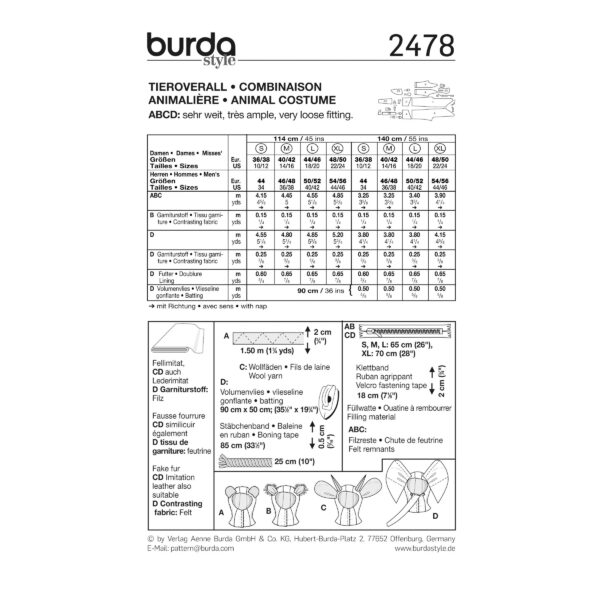 Burda Style Schnittmuster Nr. 2478 - Fasching - Kostüm - Tier-Overall – Bild 3