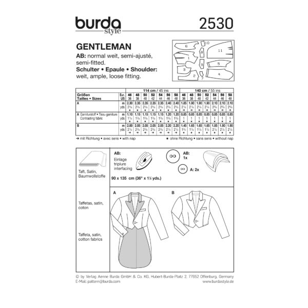 Burda Style Schnittmuster Nr. 2530 - Fasching - Kostüm - Gentleman - Frack - Kurzjacke – Bild 3