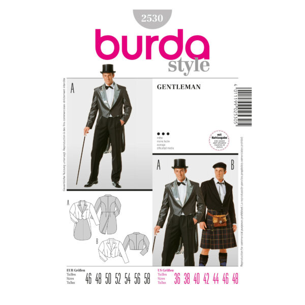 Burda Style Schnittmuster Nr. 2530 - Fasching - Kostüm - Gentleman - Frack - Kurzjacke