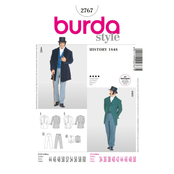 Burda Style Schnittmuster Nr. 2767 - Steampunk - Historischer Herrenanzug um 1848 - Frack, Hose und Weste