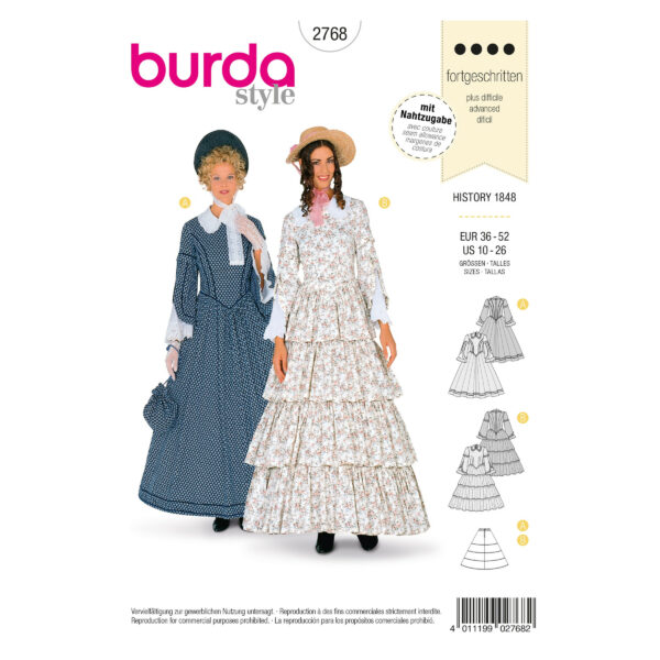 Burda Style Schnittmuster Nr. 2768 - Steampunk - Historische Kleider mit Reifrock um 1848 - 2 Varianten
