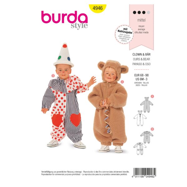 Burda Kids Schnittmuster Nr. 4946 - Fasching - Kostüm - Clown und Bär