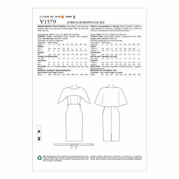 Vogue Schnittmuster V1579 - Kleid - gefüttertes Kleid mit angesetztem Umhang – Bild 6