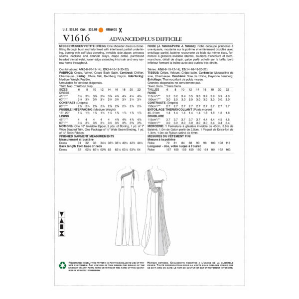 Vogue Schnittmuster V1616 - Kleid - Abendkleid im One Shoulder Design – Bild 6