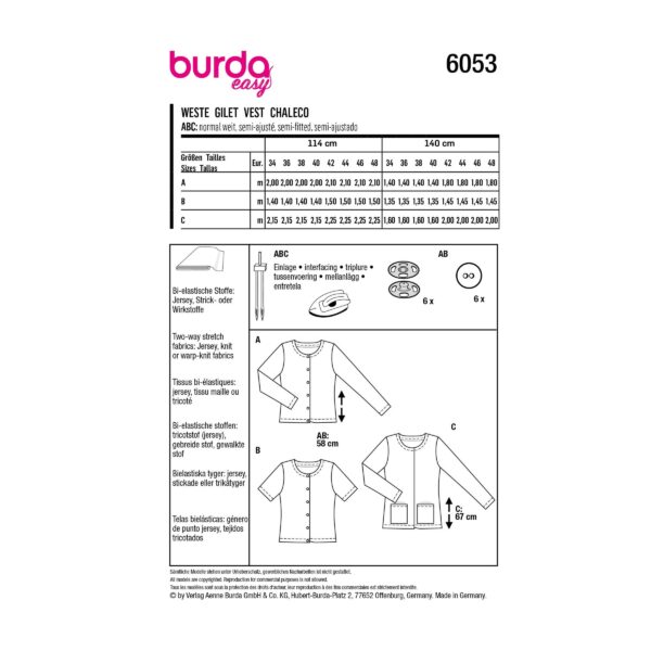 Burda Style Schnittmuster Nr. 6053 - Weste - Cardigan mit Rundhalsausschnitt – Bild 11