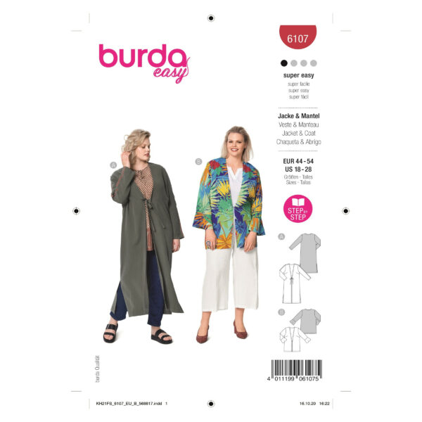 Burda Style Schnittmuster Nr. 6107 - Mantel - Blusenjacke - Leichte Sommerjacke - +Größe