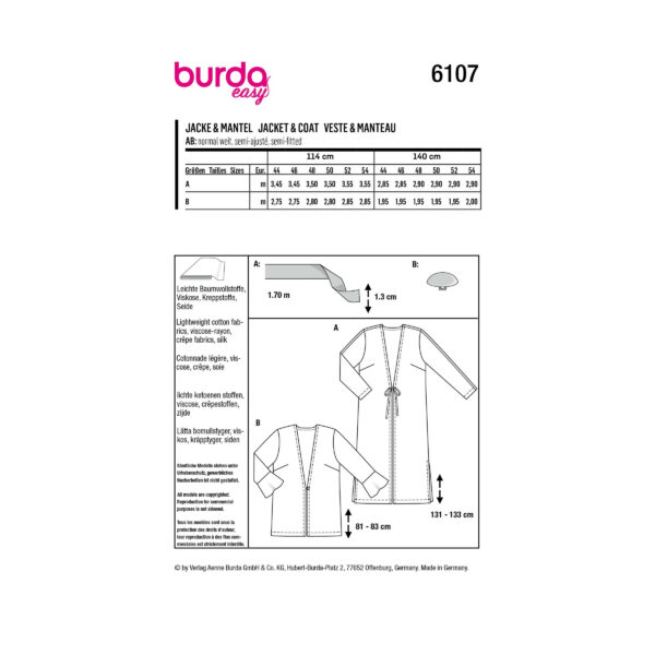Burda Style Schnittmuster Nr. 6107 - Mantel - Blusenjacke - Leichte Sommerjacke - +Größe – Bild 8