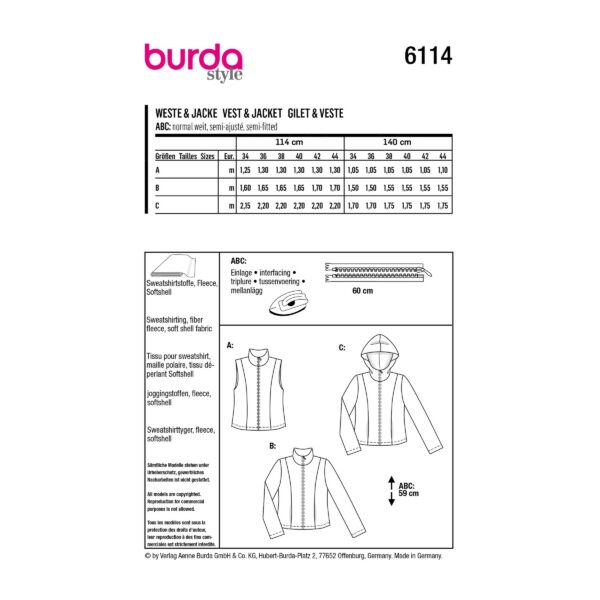 Burda Style Schnittmuster Nr. 6114 - Weste und Jacken mit und ohne Kapuze – Bild 11