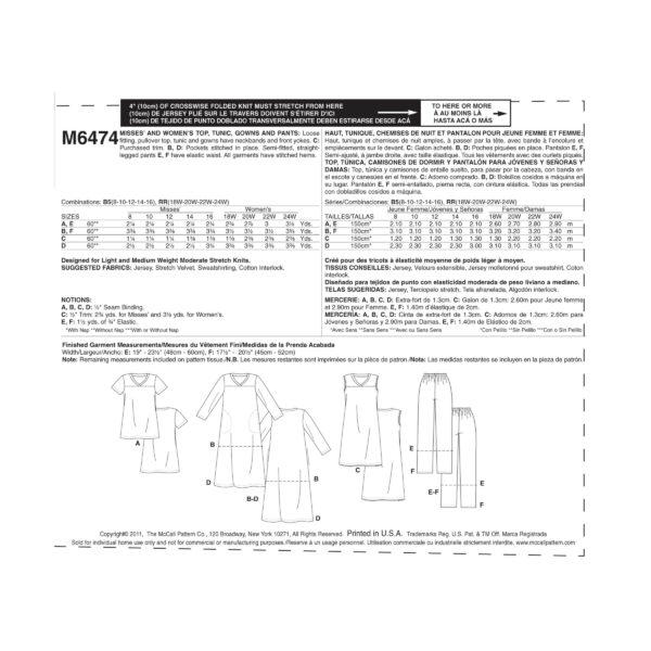 McCall's Schnittmuster M6474 - Shirt - Hose - Kleid - Tunika - Hausanzug - Hauskleid – Bild 9