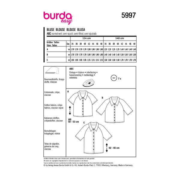 Burda Style Schnittmuster Nr. 5997 - Bluse - Raglanärmel und Knopfleiste – Bild 11