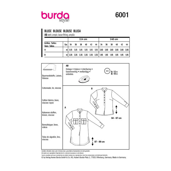 Burda Style Schnittmuster Nr. 6001 - Bluse - mit Stehkragen und Seitenschlitz – Bild 8