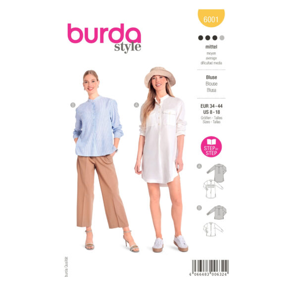 Burda Style Schnittmuster Nr. 6001 - Bluse - mit Stehkragen und Seitenschlitz