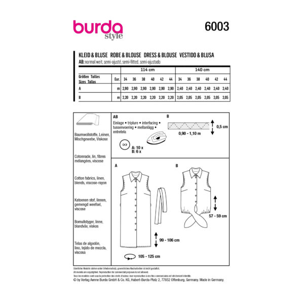 Burda Style Schnittmuster Nr. 6003 - Kleid und Bluse - geknöpft - ärmellos – Bild 8