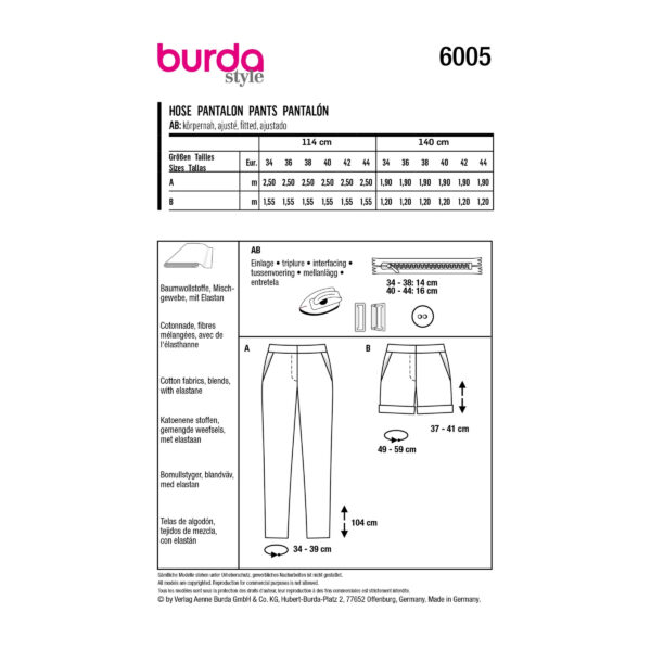 Burda Style Schnittmuster Nr. 6005 - Hose - kurz oder lang – Bild 8