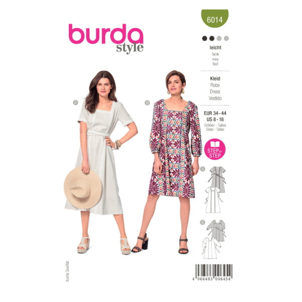 Burda Style Schnittmuster Nr. 6014 - Kleid - Bindebänder - Karree-Ausschnitt