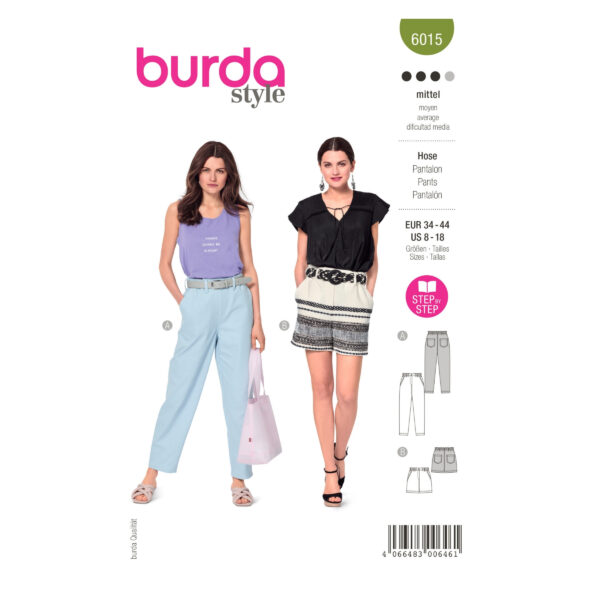 Burda Style Schnittmuster Nr. 6015 - Hose - Shorts - mit Gummizug und Taschen