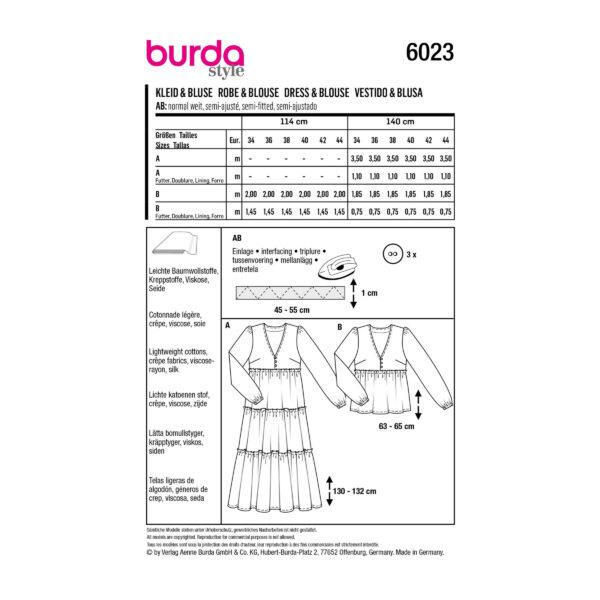 Burda Style Schnittmuster Nr. 6023 - Kleid und Bluse - V-Ausschnitt - Stufen – Bild 8