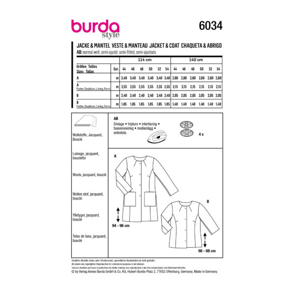 Burda Style Schnittmuster Nr. 6034 - Jacke und Mantel - kragenlos – Bild 10