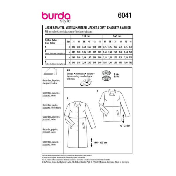 Burda Style Schnittmuster Nr. 6041 - Jacke und Mantel - Stehkragen – Bild 10