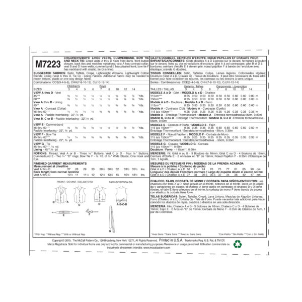 McCalls Schnittmuster M7223 - Weste - Krawatte - Binder - Knaben – Bild 4