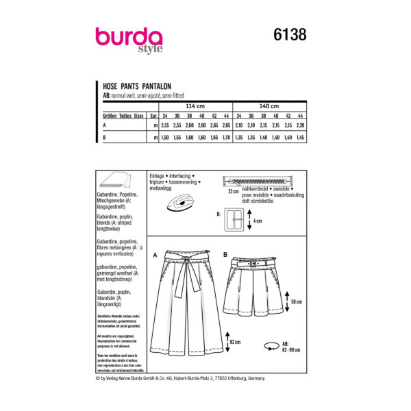 Burda Style Schnittmuster Nr. 6138 - Hose - Culotte und Short – Bild 8