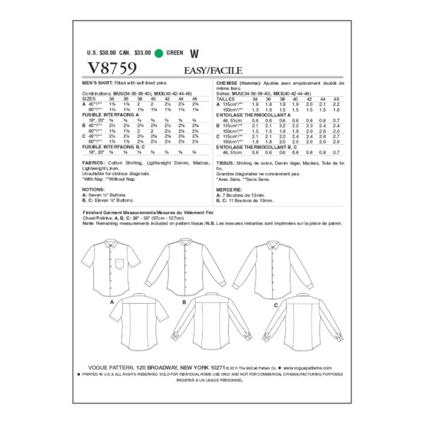 Vogue Schnittmuster V8759 - Hemd - Herren - 2 Kragenvarianten – Bild 8