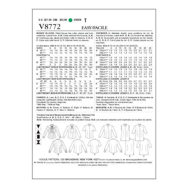 Vogue Schnittmuster V8772 - Bluse - 6 Varianten – Bild 10