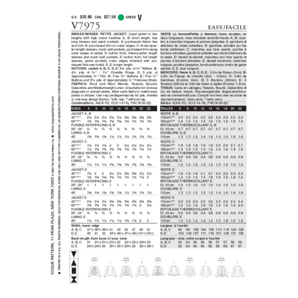 Vogue Schnittmuster V7975 - Jacken Variationen - 5 Modelle – Bild 7