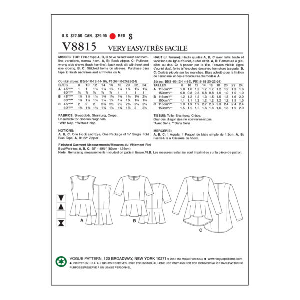 Vogue Schnittmuster V8815 - Bluse - Shirt - Schößchen – Bild 5