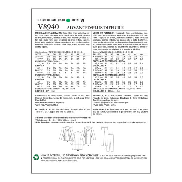 Vogue Schnittmuster V8940 - Herrenmantel - Herrenjacke - Hose – Bild 9