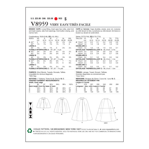 Vogue Schnittmuster V8959 - Cape - Umhang - Poncho – Bild 9
