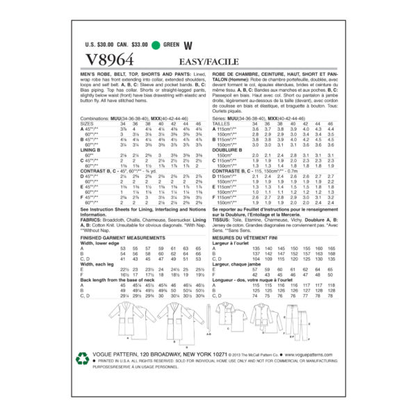 Vogue Schnittmuster V8964 - Herrenschlafanzug - Morgenmantel - Shorty – Bild 7