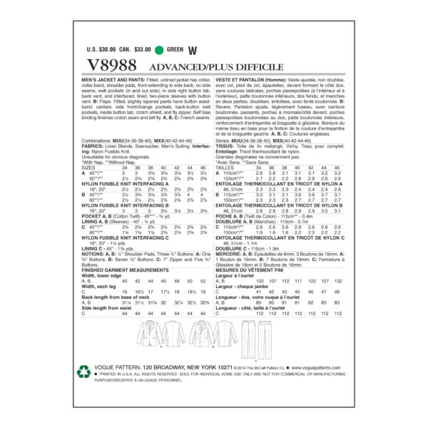 Vogue Schnittmuster V8988 - Herrenanzug - Klassisch - Sportlich – Bild 10