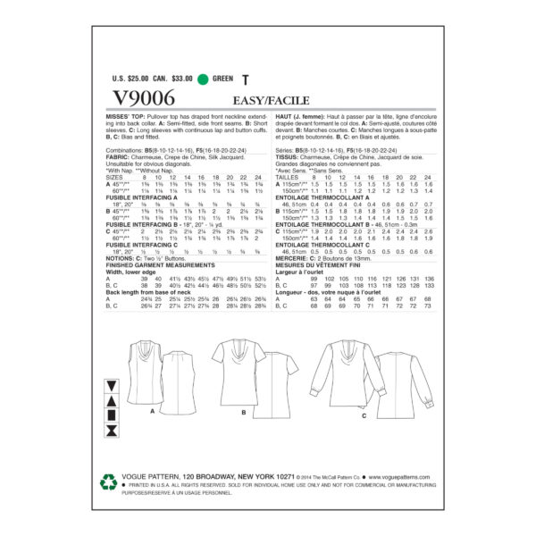 Vogue Schnittmuster V9006 - Bluse - Shirt - mit Wasserfallausschnitt – Bild 4