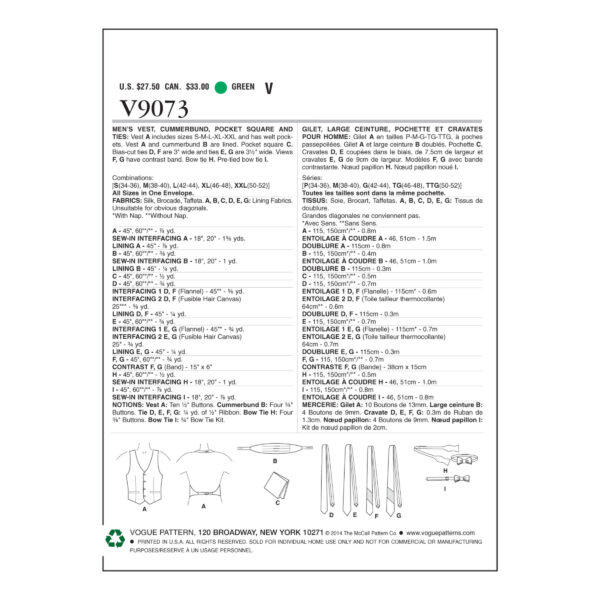 Vogue Schnittmuster V9073 - Herrenweste - Binder - Krawatte - Fliege – Bild 4